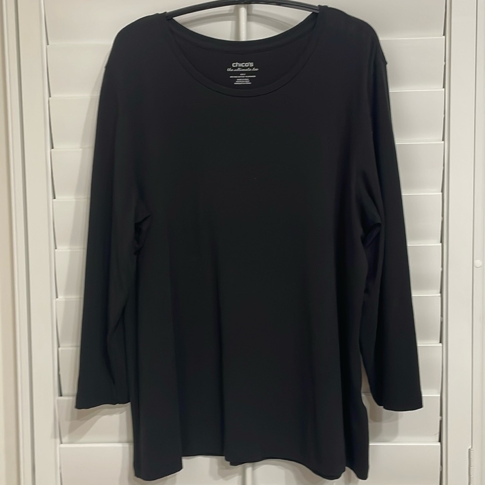 Chico’s Ultimate Tee Size  2, 12/14, Black 3/4 Sleeves.